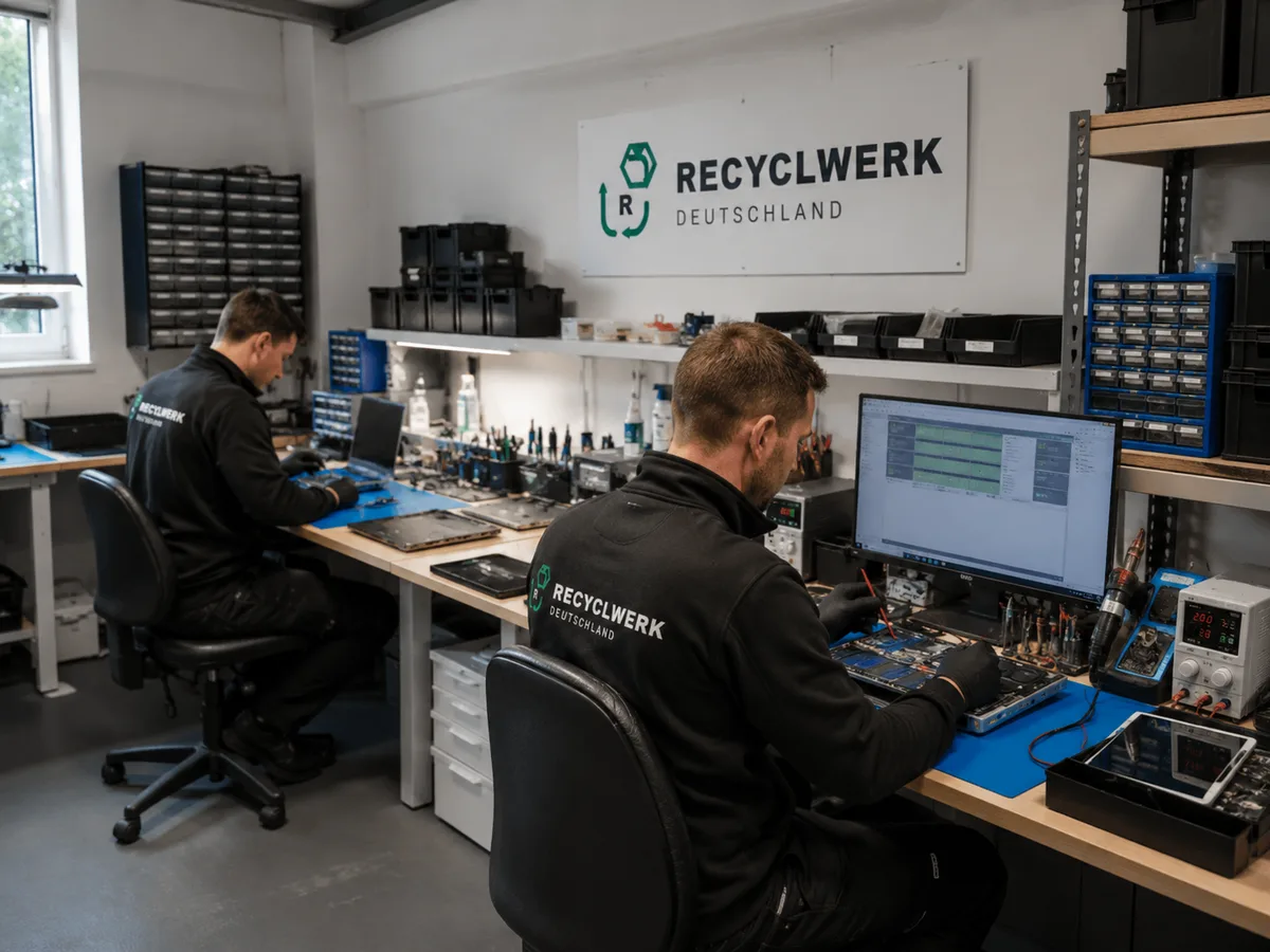 Techniker prüfen und inventarisieren Notebooks und IT-Hardware im Recyclewerk Betrieb