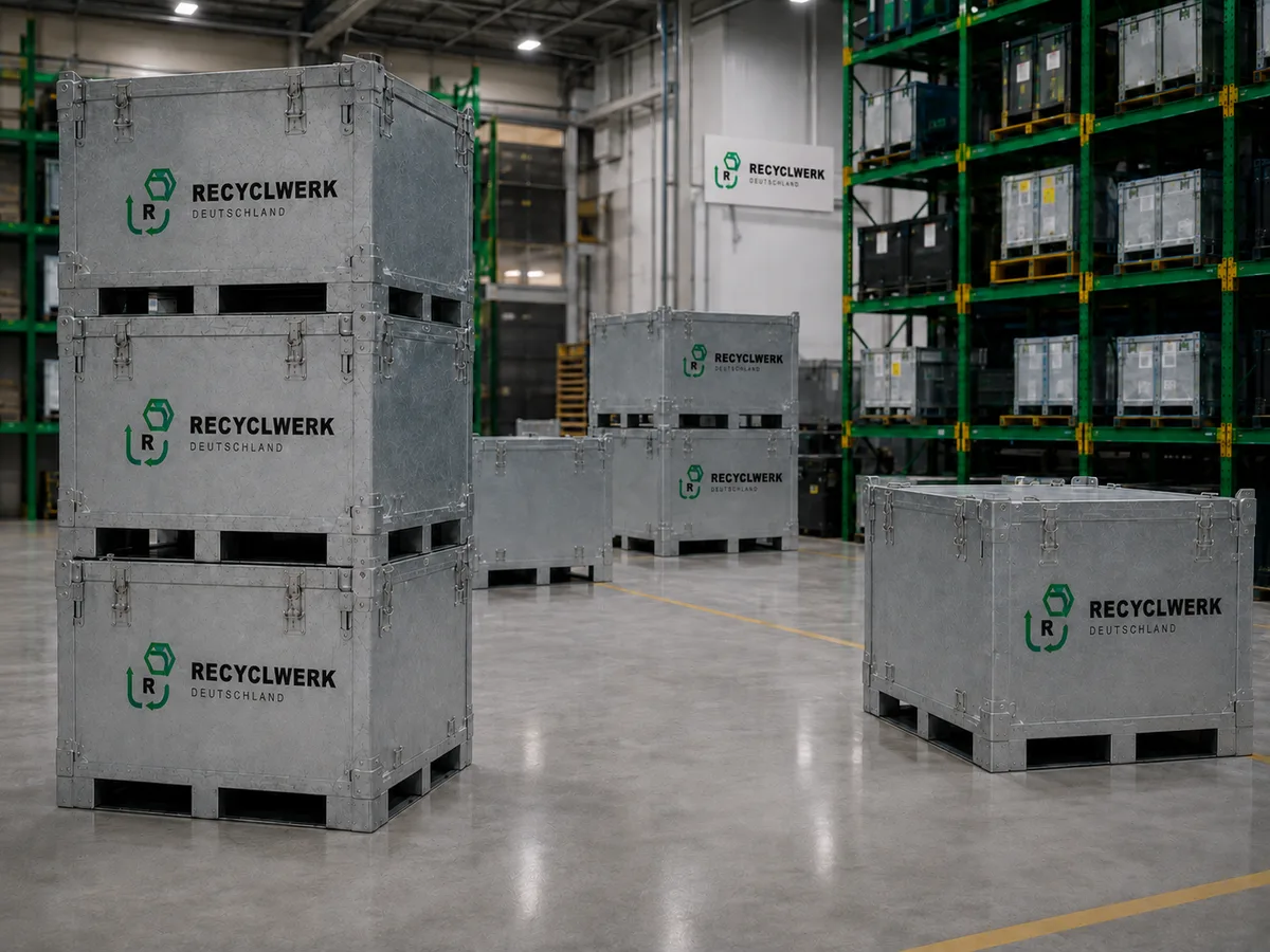 Recyclewerk – Mietbehälter für Lithium-Ionen-Batterien im Lager
